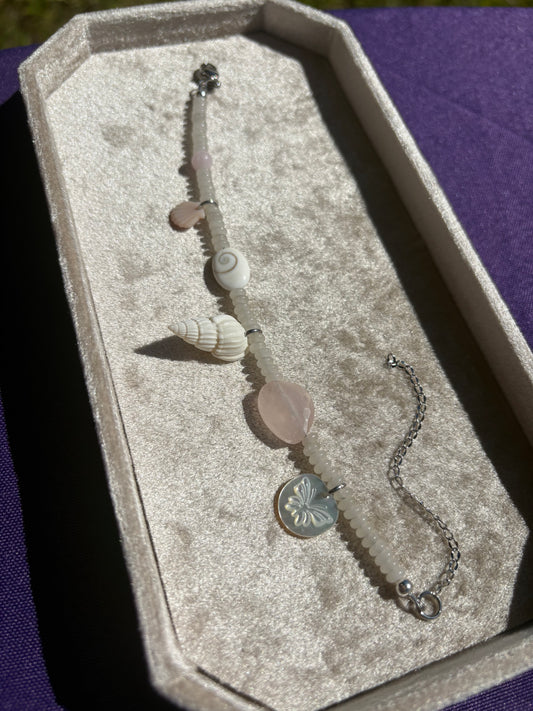 White Jade, Rose Quartz, Morganite, Shiva Shell, Mother of Pearl, Pink Lip Shell, and White Nassa Shell bracelet