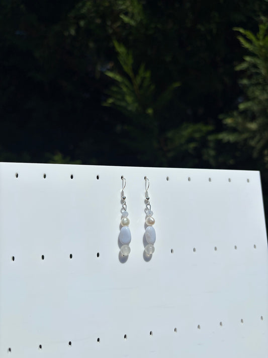 Blue Lace Agate, Selenite, Freshwater Pearl earrings