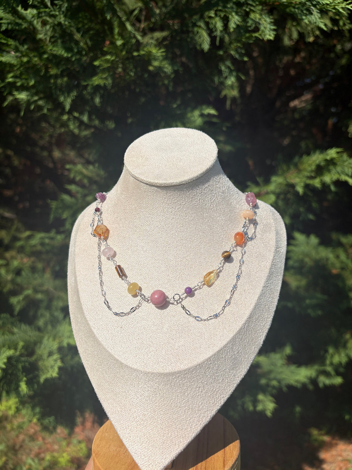 Rose Quartz, Rhodonite, Citrine, Yellow Jade, Carnelian, Lepidolite, Tiger Eye, and Garnet necklace