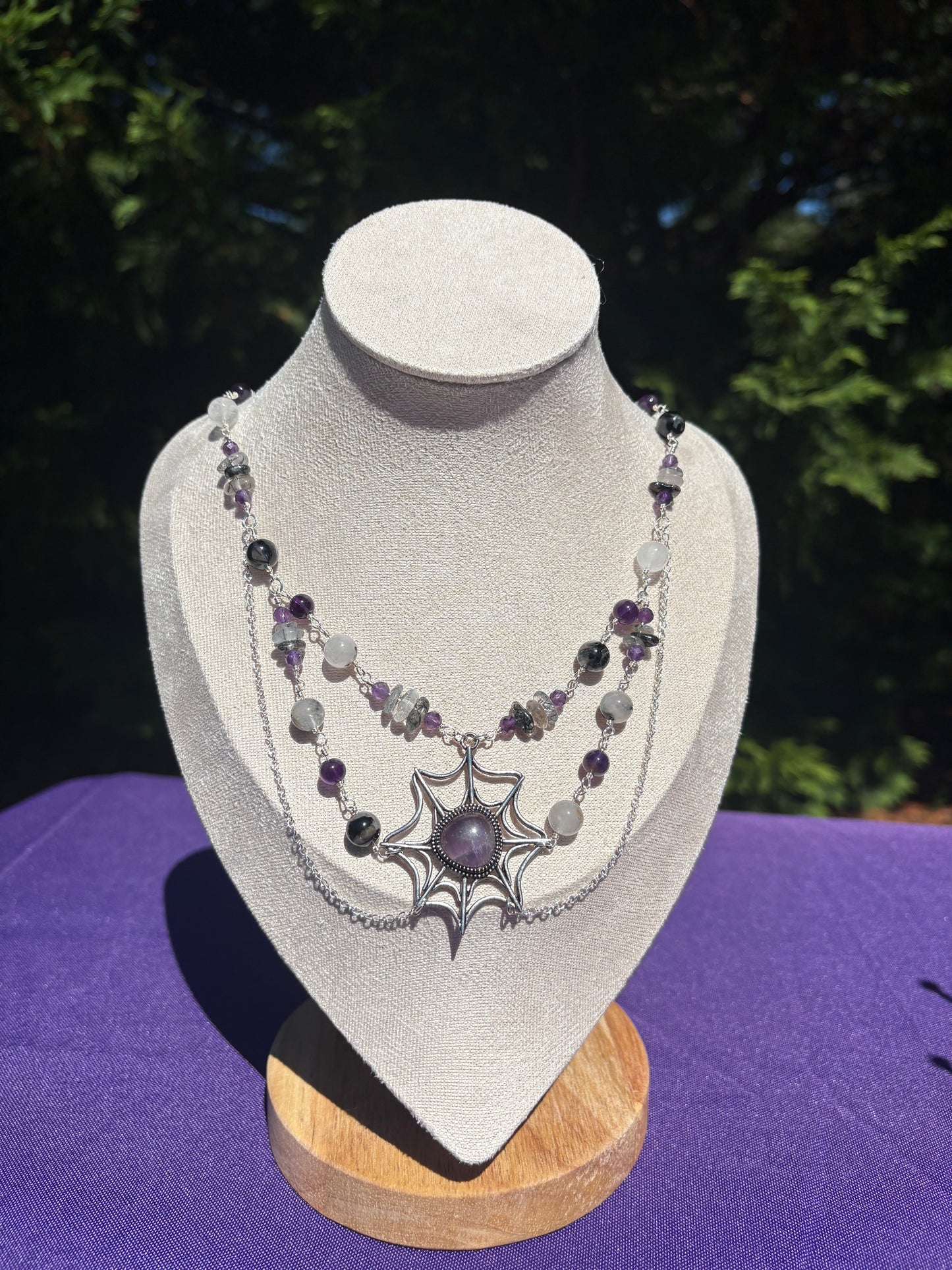 Tourmalated Quartz & Amethyst Web Spooky Necklace