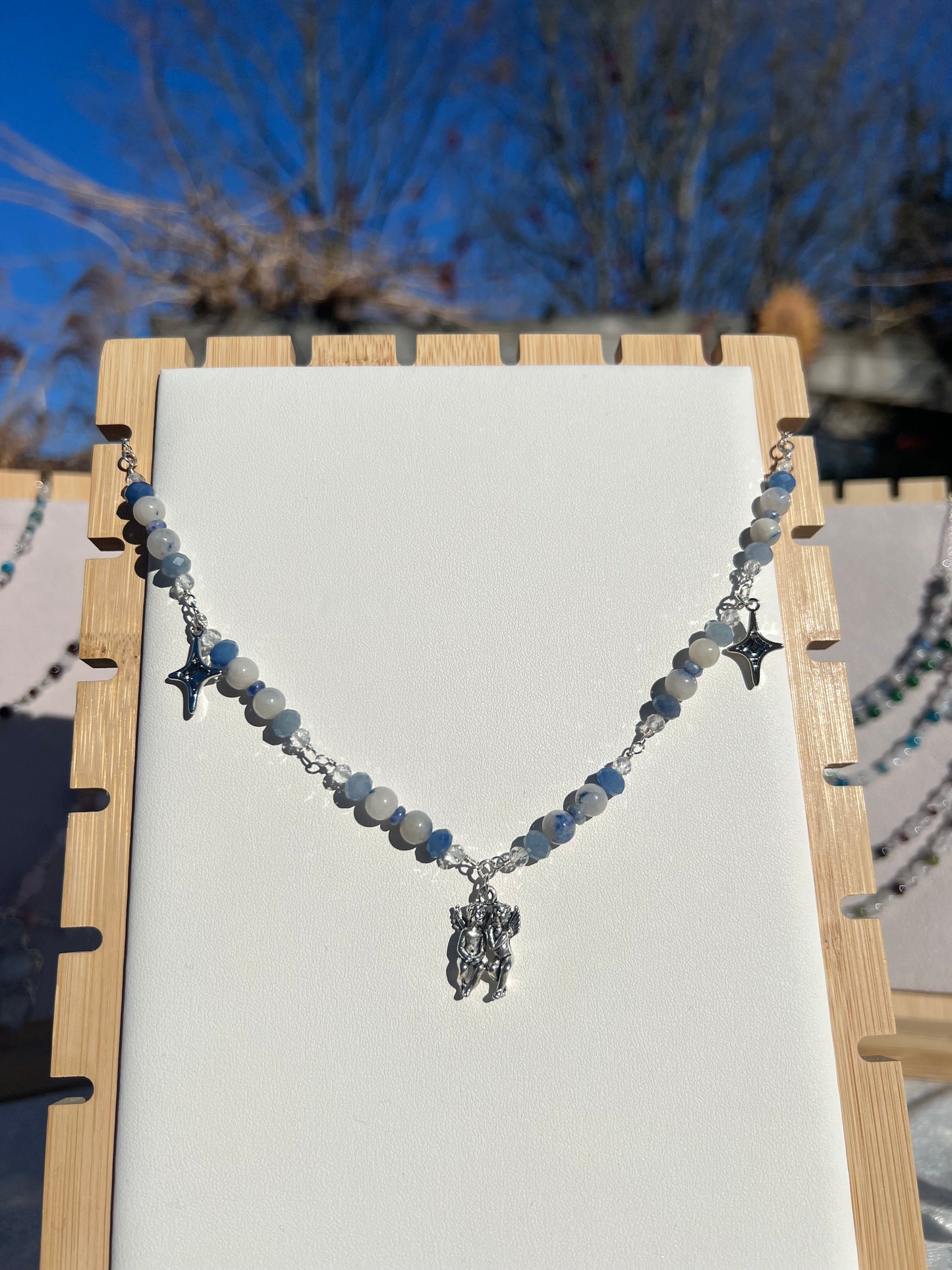 Blue Aventurine & Dumortierite in Quartz & Topaz & Snowflake Sodalite festive necklace