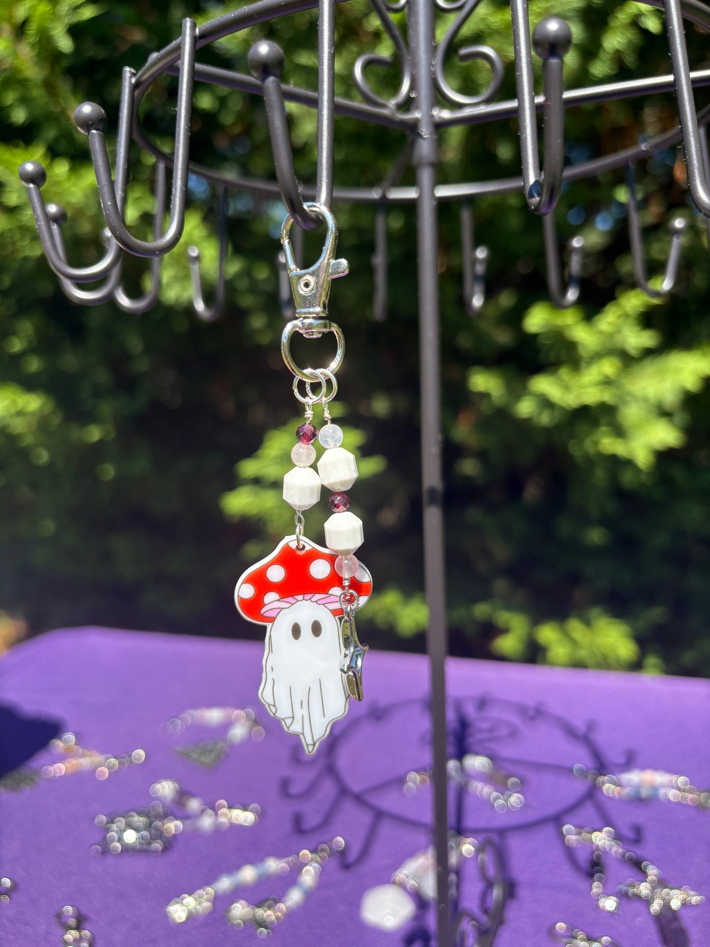 Howlite, Garnet, Clear Quartz Mushie Ghost Charm