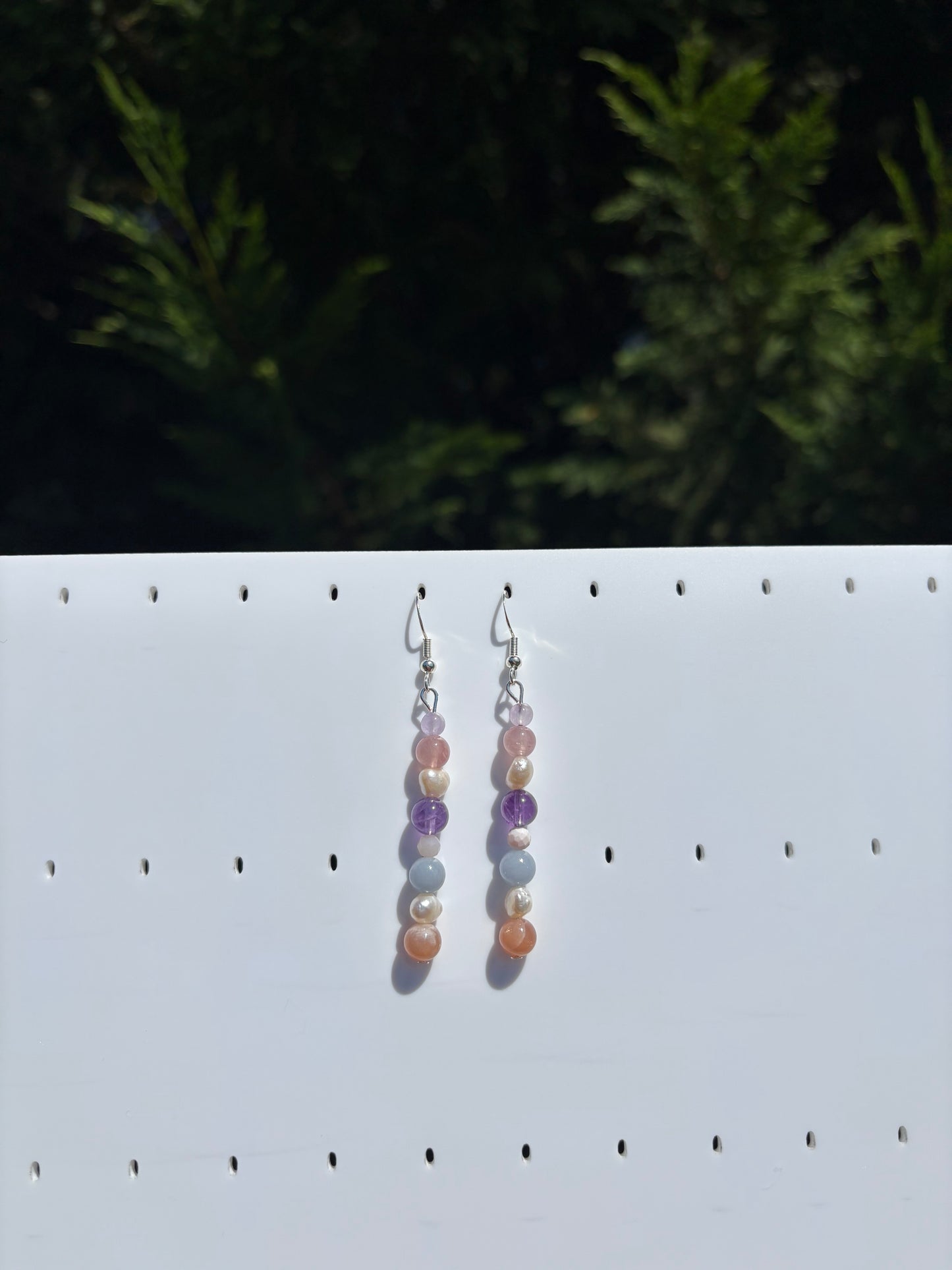 Rose Quartz, Peach Moonstone, Amethyst, Angelite & Freshwater Pearl earrings