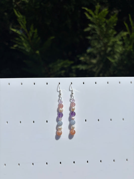 Rose Quartz, Peach Moonstone, Amethyst, Angelite & Freshwater Pearl earrings