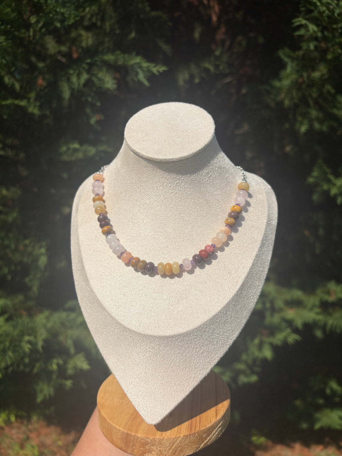 Peach Aventurine, Rose Quartz, Yellow Jade, Mookaite, and Amethyst necklace