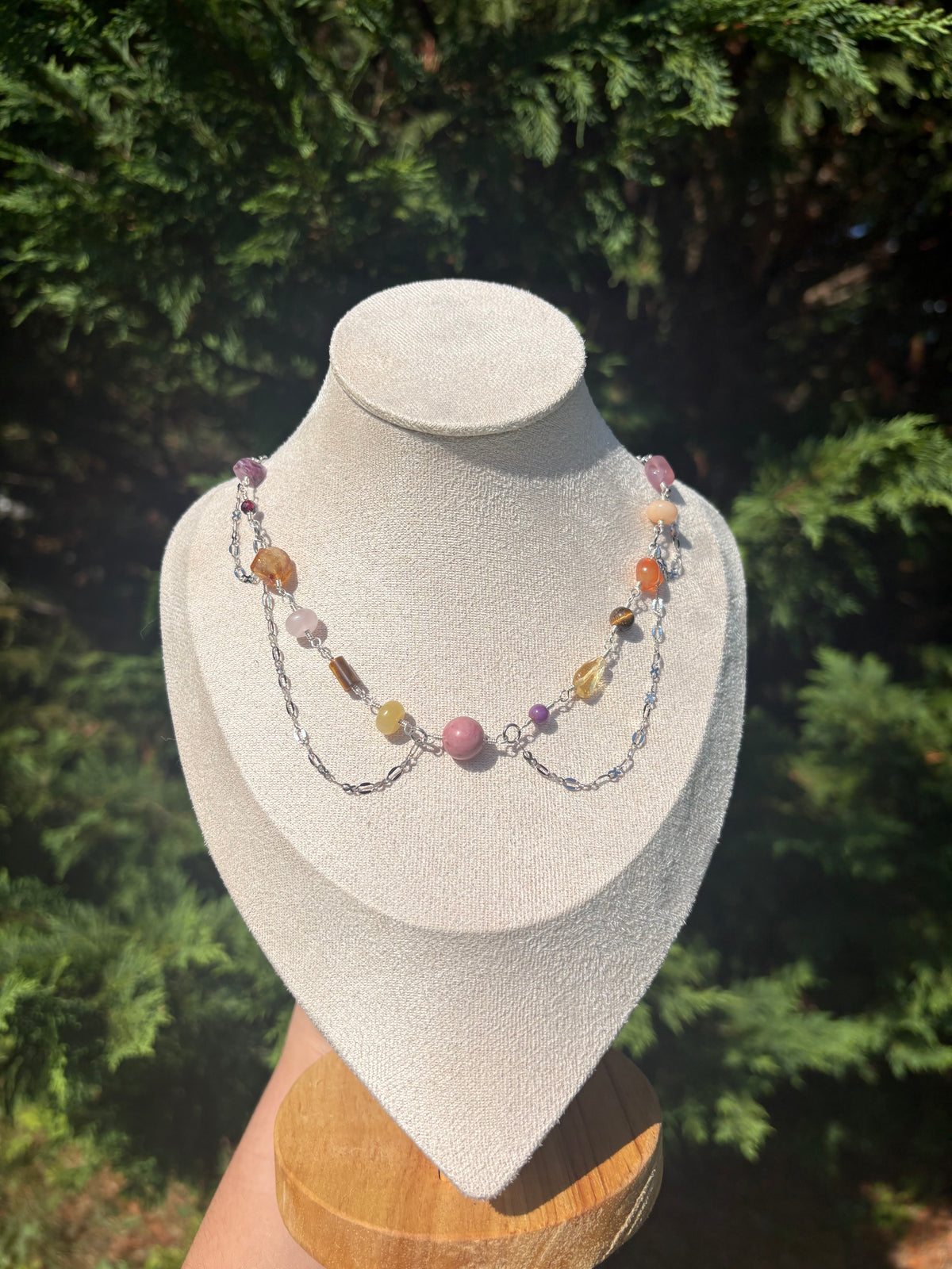 Rose Quartz, Rhodonite, Citrine, Yellow Jade, Carnelian, Lepidolite, Tiger Eye, and Garnet necklace