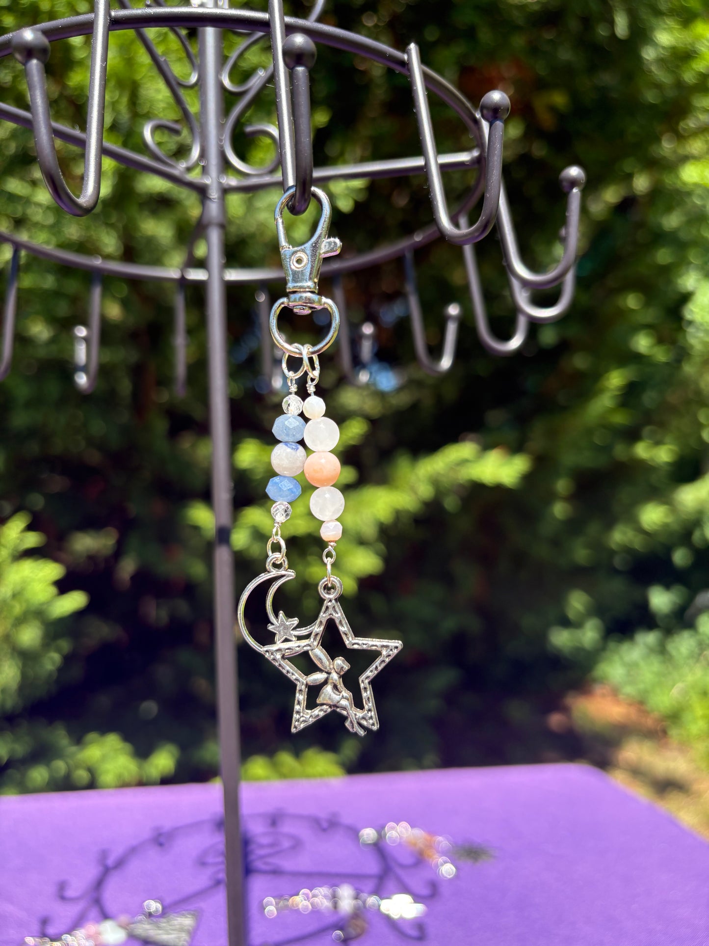 Pink Opal, White Jade, Topaz, Dumortierite in Quartz, Blue Aventurine Star & Moon Charm