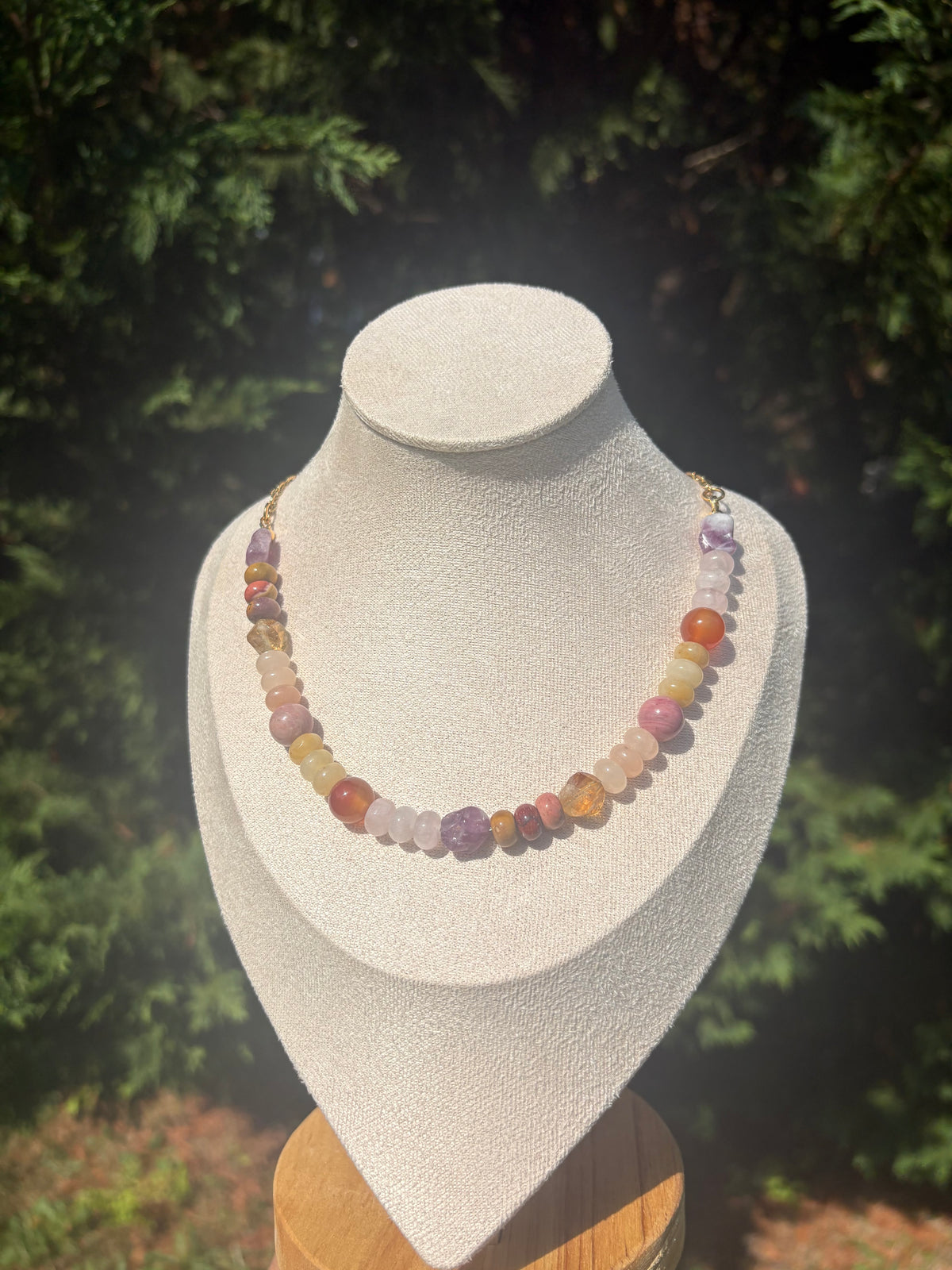 Rose Quartz, Rhodonite, Yellow Jade, Citrine, Peach Aventurine, Lepidolite, Carnelian, Mookaite necklace