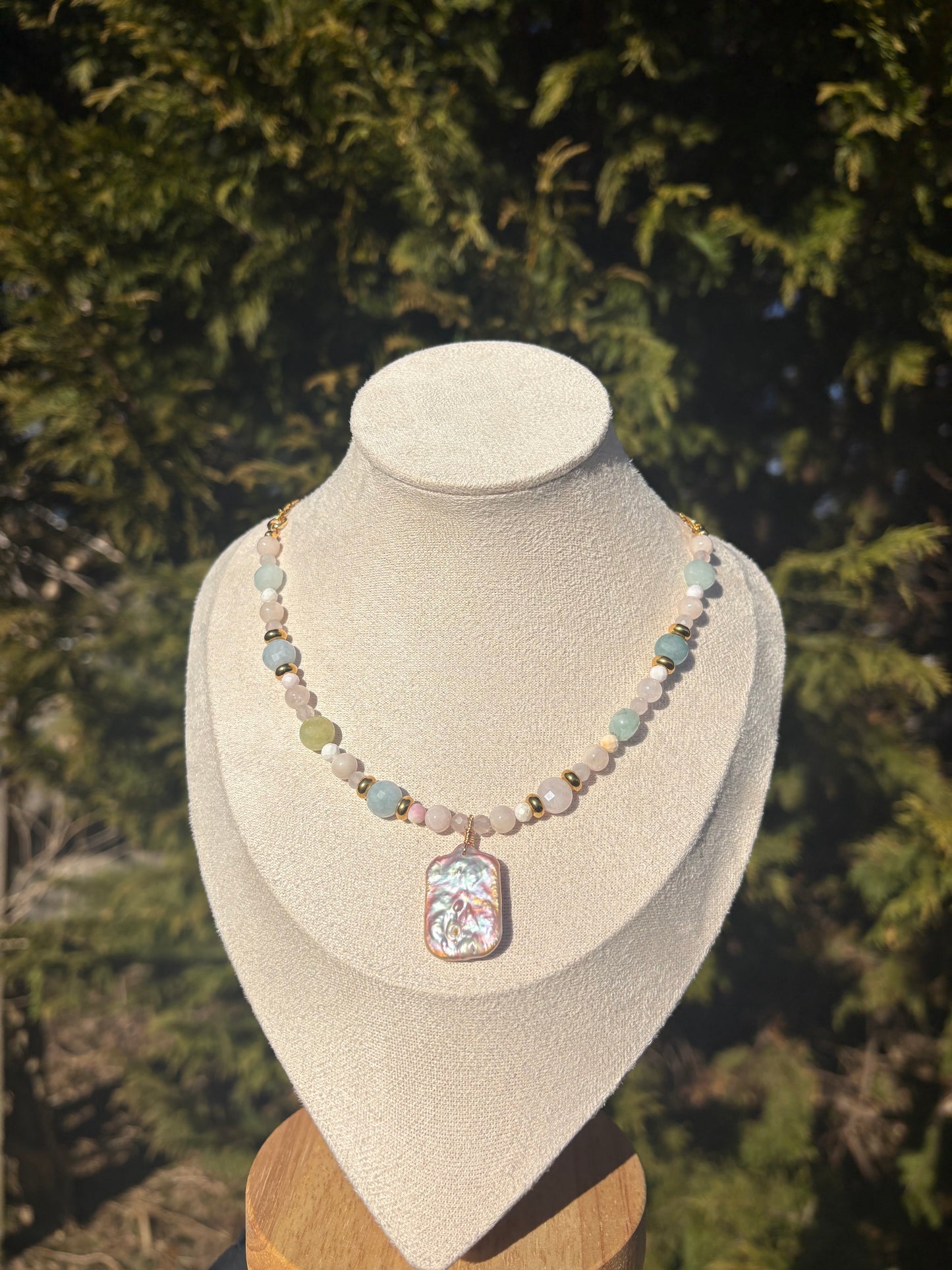 Rose Quartz, Queen Conch Shell, Morganite, Rainbow Beryl, Pink Baroque Freshwater Pearl necklace
