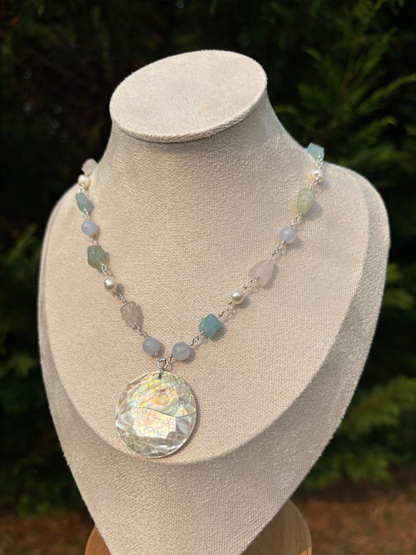 Rainbow Beryl, Freshwater Pearl, Blue Lace Agate, Mother of Pearl Mosaic necklace