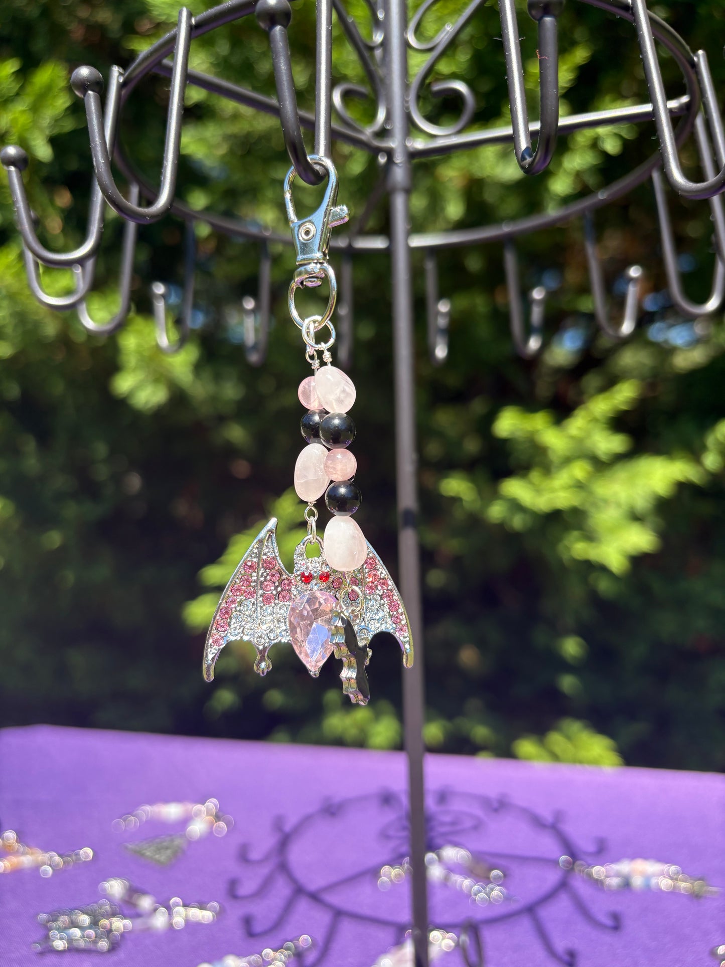 Rose Quartz & Rainbow Obsidian Bat Charm