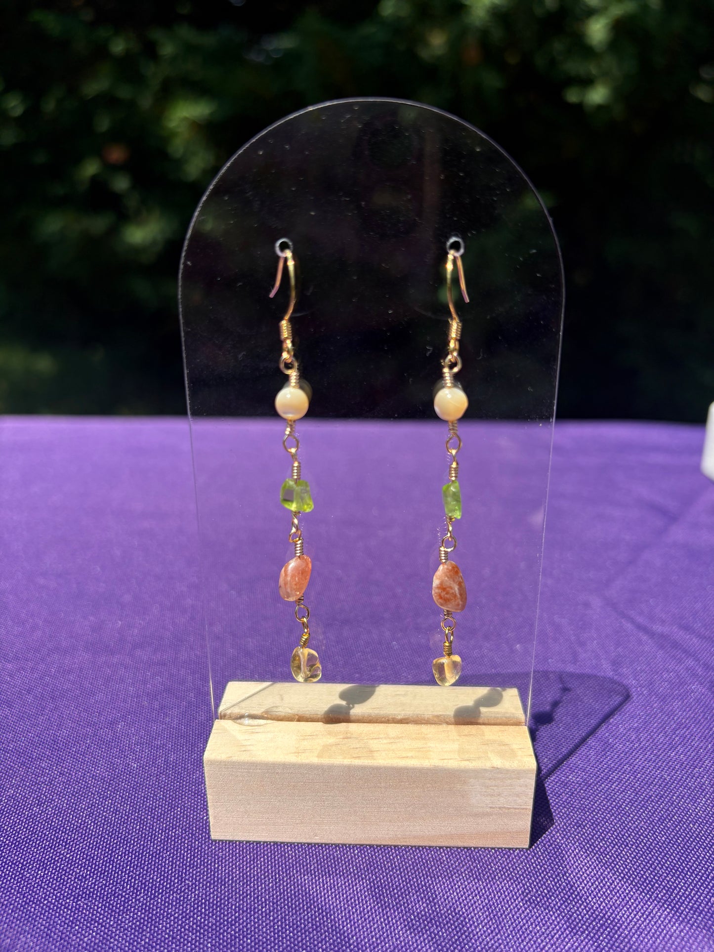 Mother of Pearl, Peridot, Sunstone, and Citrine Earrings