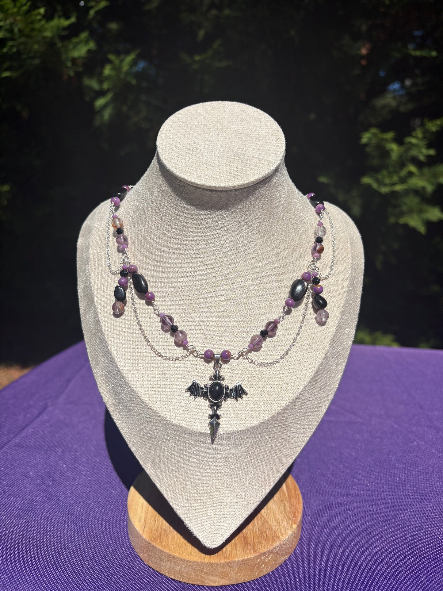 Phosphosiderite, Amethyst Cacoxenite, Hypersthene Bat Spooky Necklace