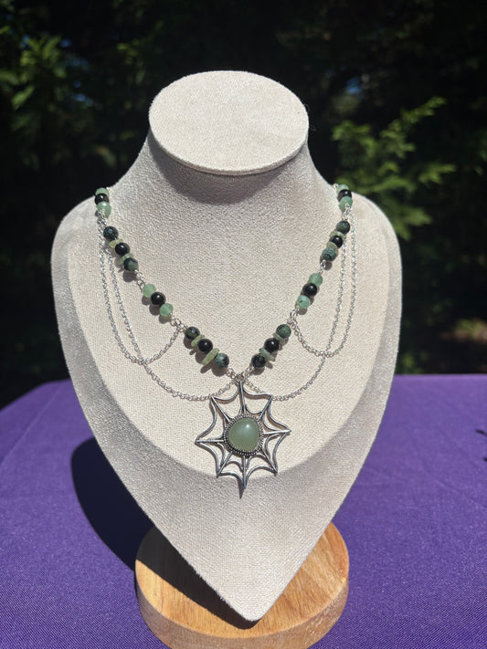 Kambaba Jasper, Green Kyanite, Jet, Green Aventurine Web Spooky Necklace