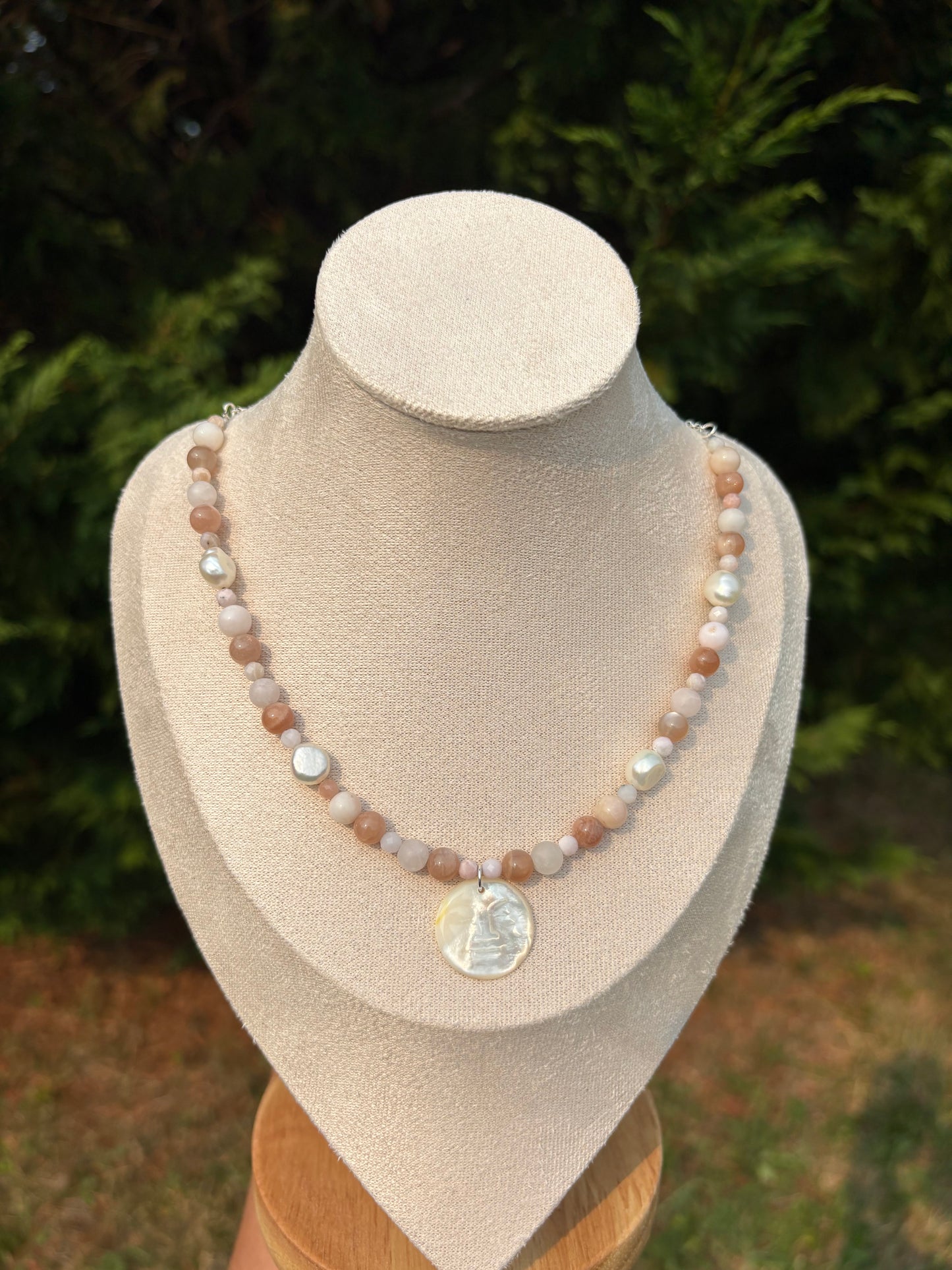 Peach Moonstone, Peruvian Pink Opal, Freshwater Pearl, Mother Of Pearl Moon Face necklace