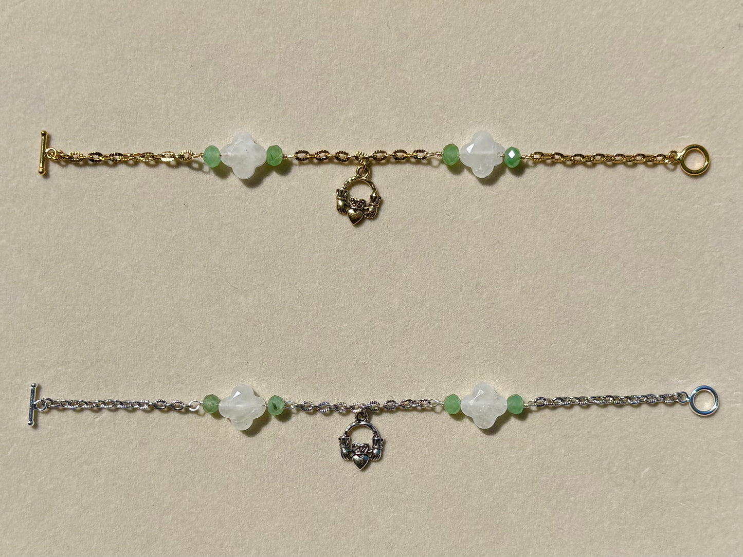 Clear Quartz and Green Aventurine Claddagh bracelet