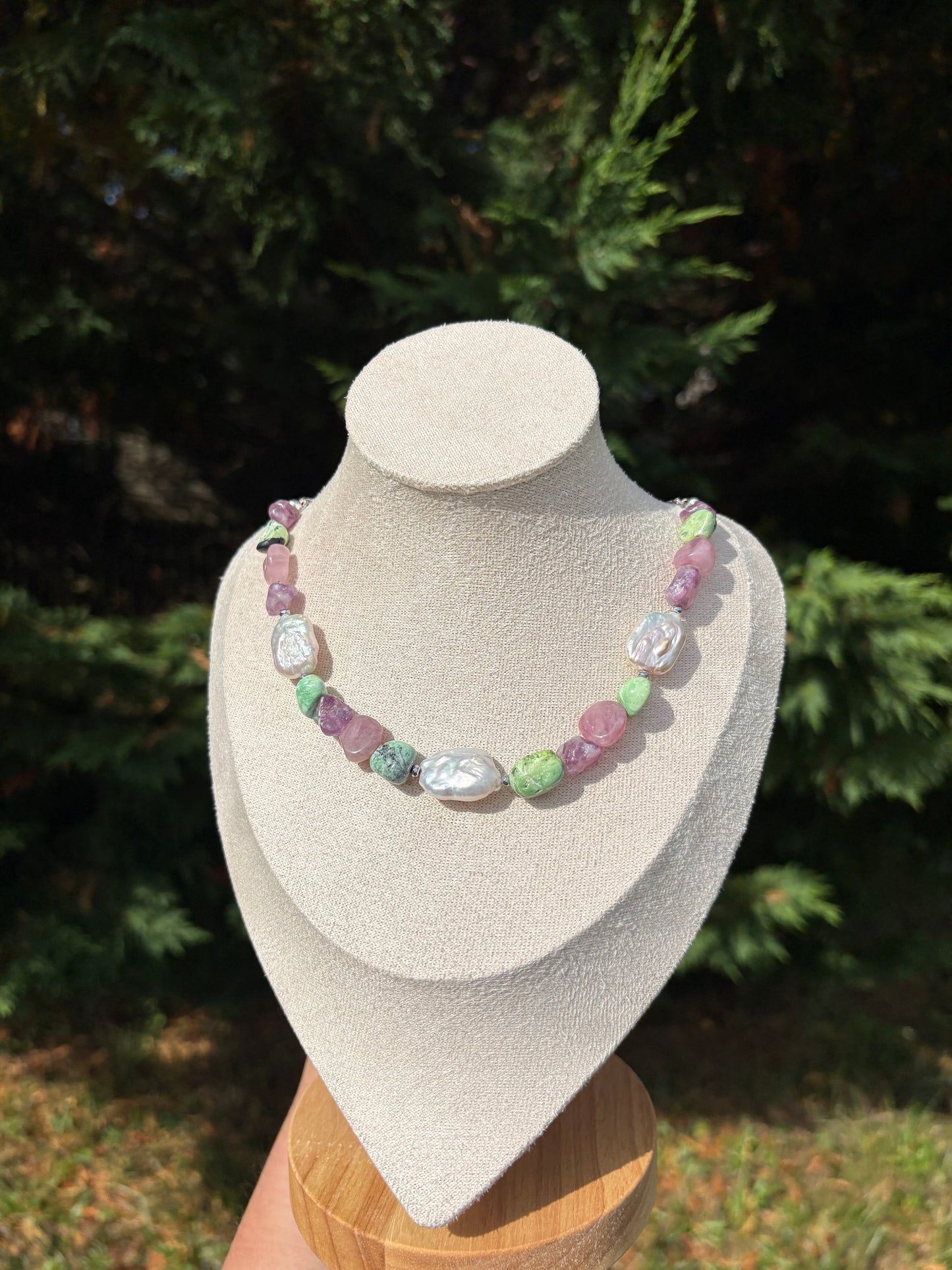 Variscite, Lepidolite, Baroque Freshwater Pearl, Rose Quartz necklace