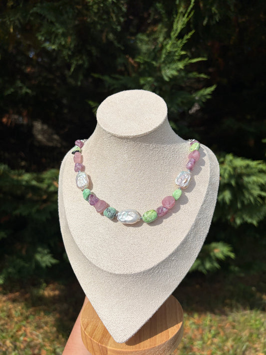 Variscite, Lepidolite, Baroque Freshwater Pearl, Rose Quartz necklace