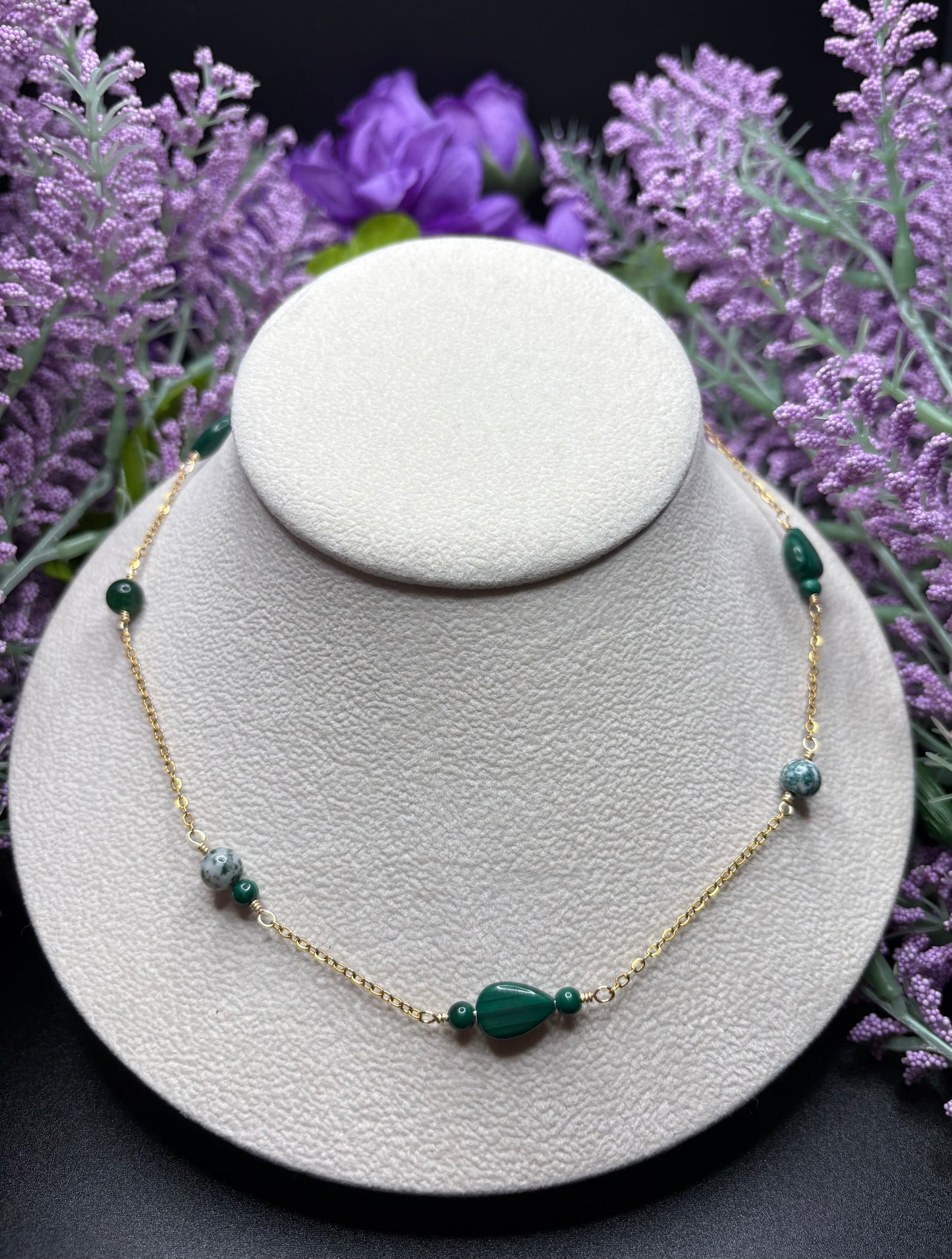 Malachite, Moss Agate, and Muscovite asymmetrical necklace