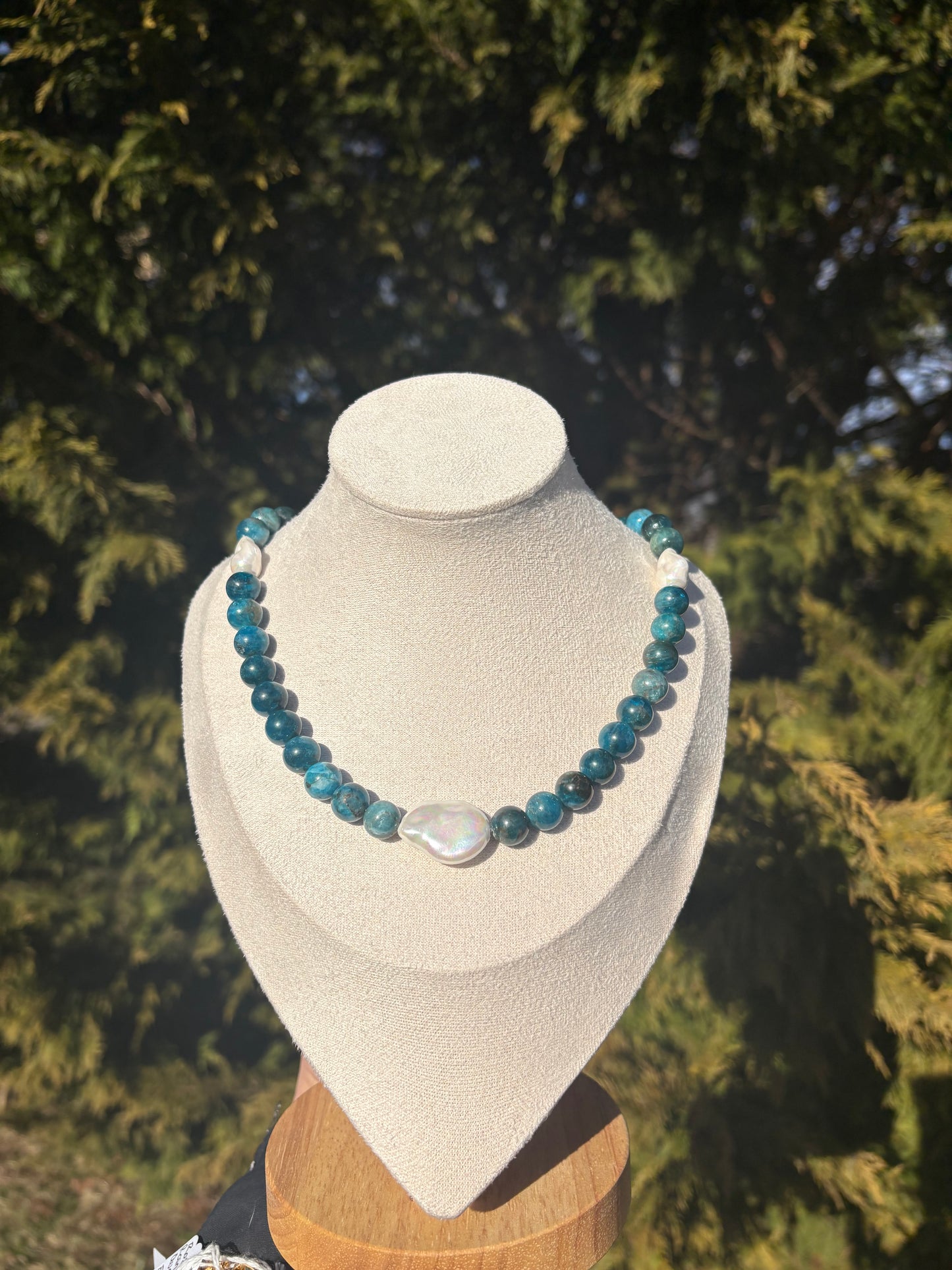 Blue Apatite and Baroque Shell Pearl Necklace