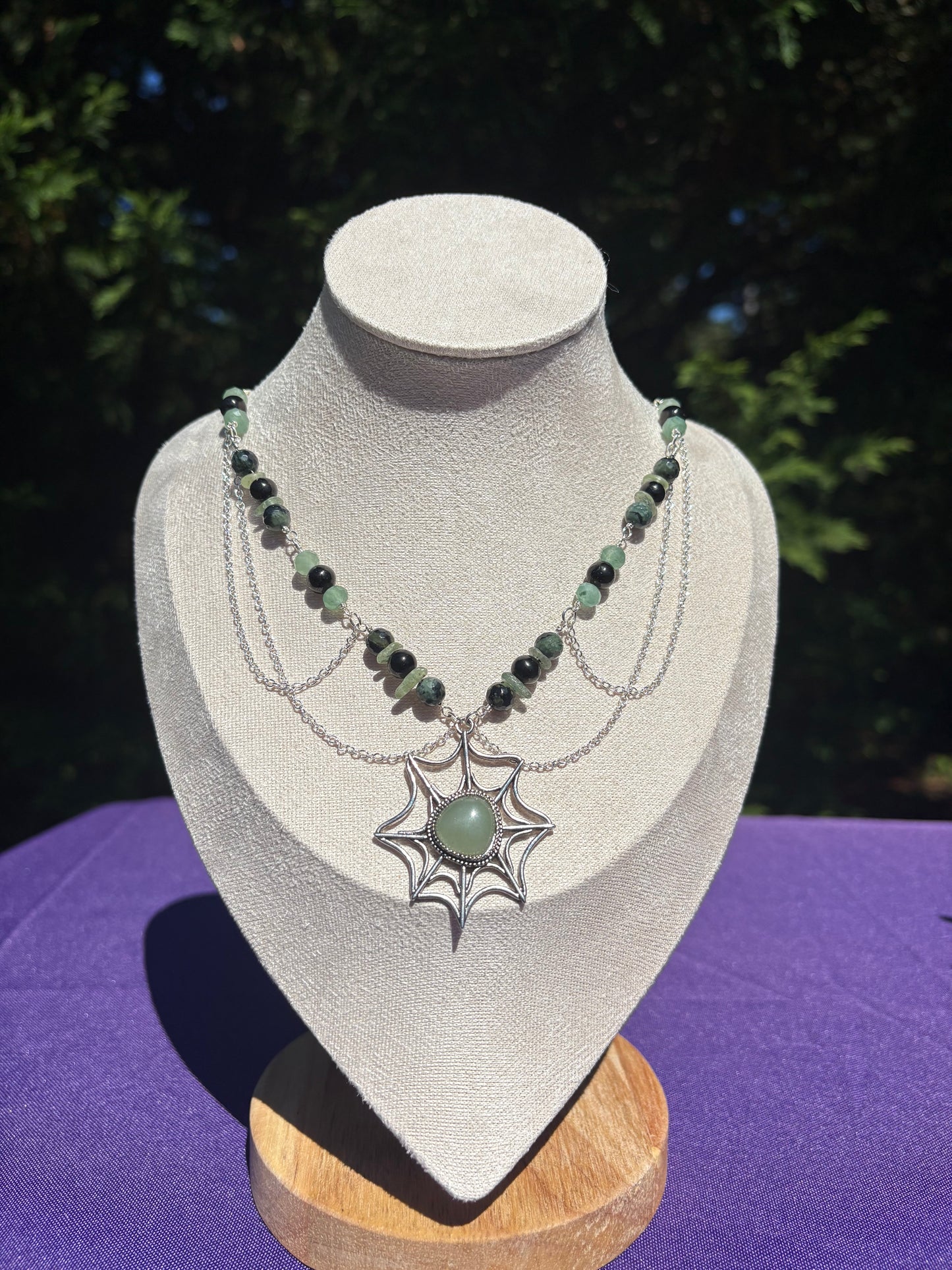 Kambaba Jasper, Green Kyanite, Jet, Green Aventurine Web Spooky Necklace