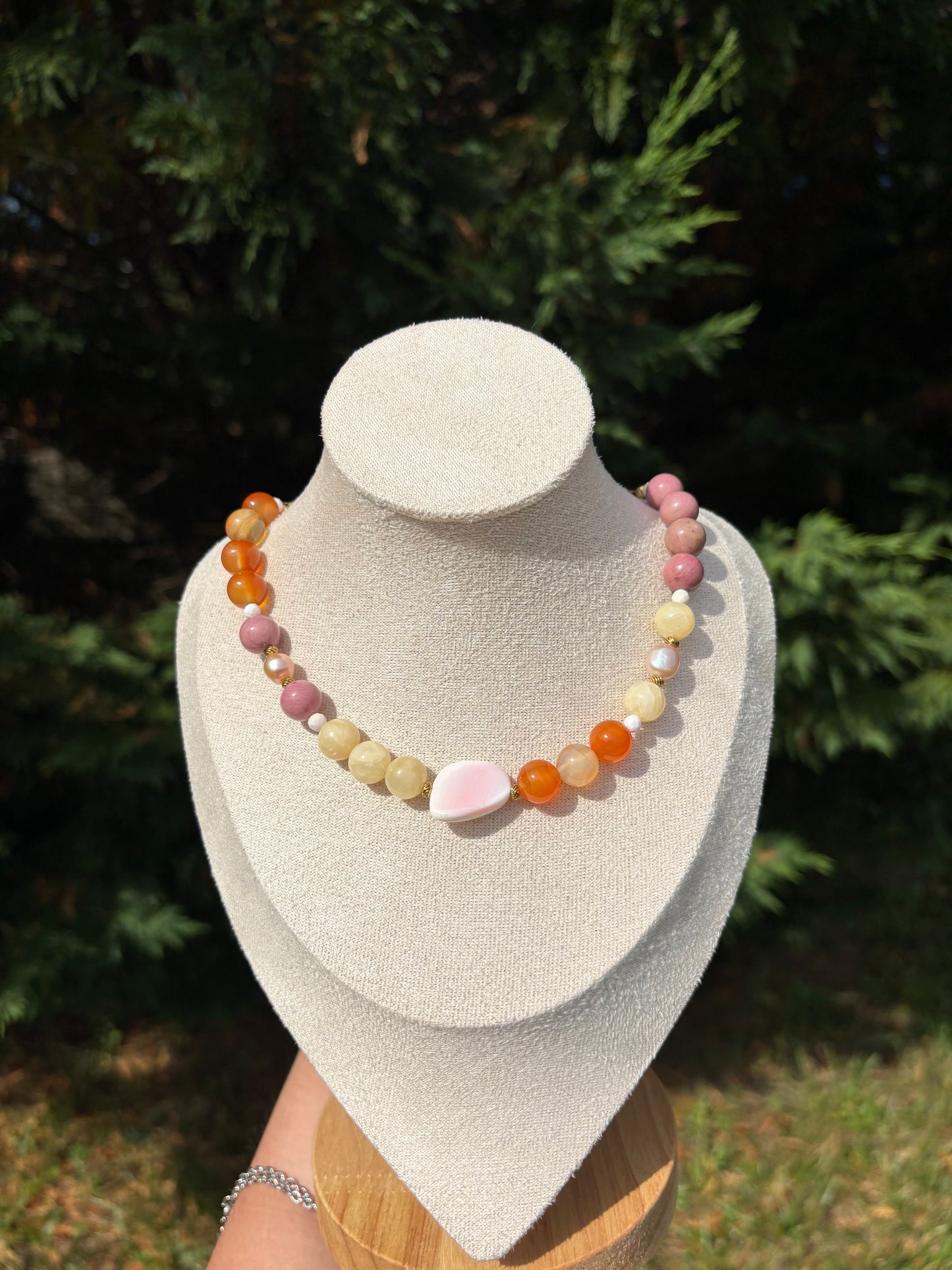 Queen Conch Shell, Carnelian, Rhodonite, Yellow Calcite and Pink Freshwater Pearl necklace