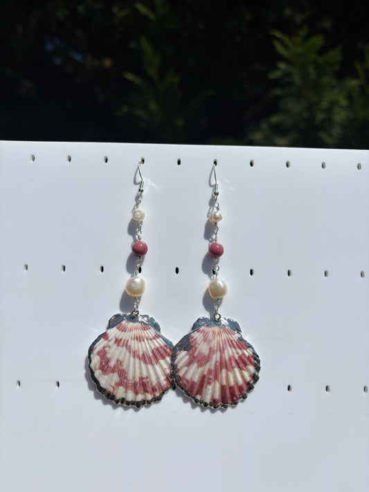 Pink Pectin Shell & Rhodonite & Freshwater Pearl earrings