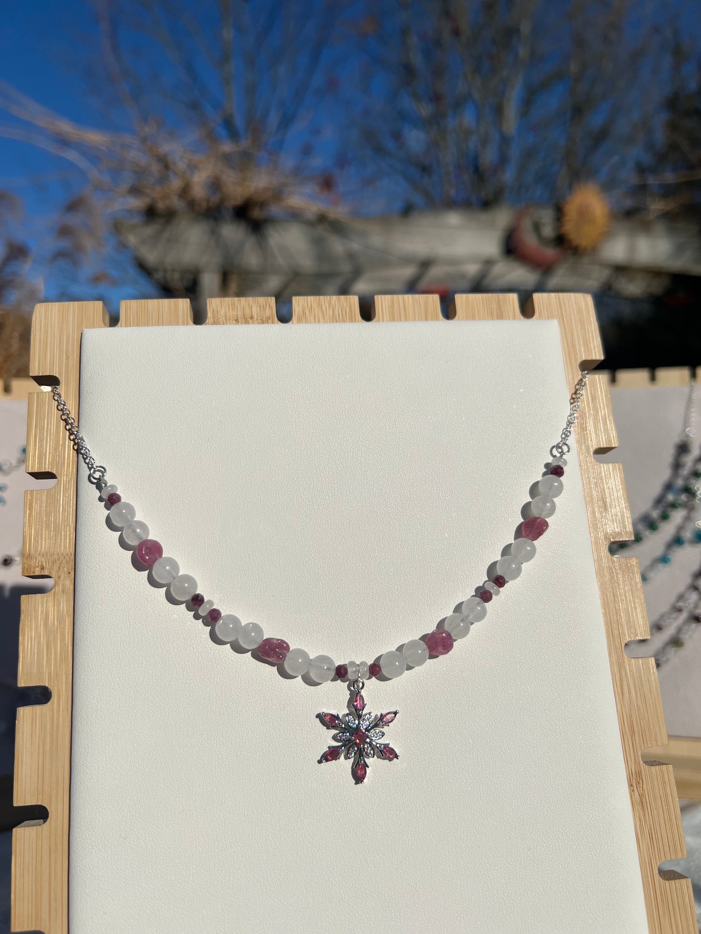 Pink Tourmaline & White Jade festive necklace