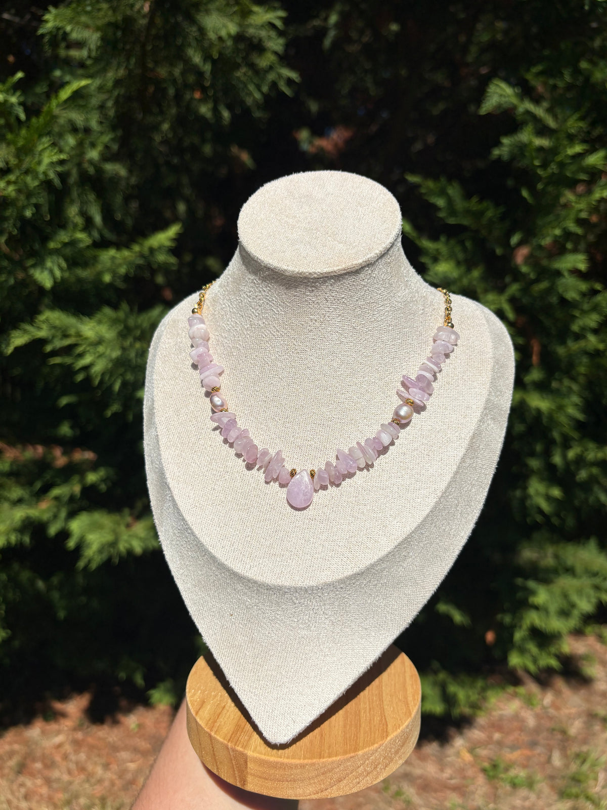 Kunzite and Purple Freshwater Pearl necklace