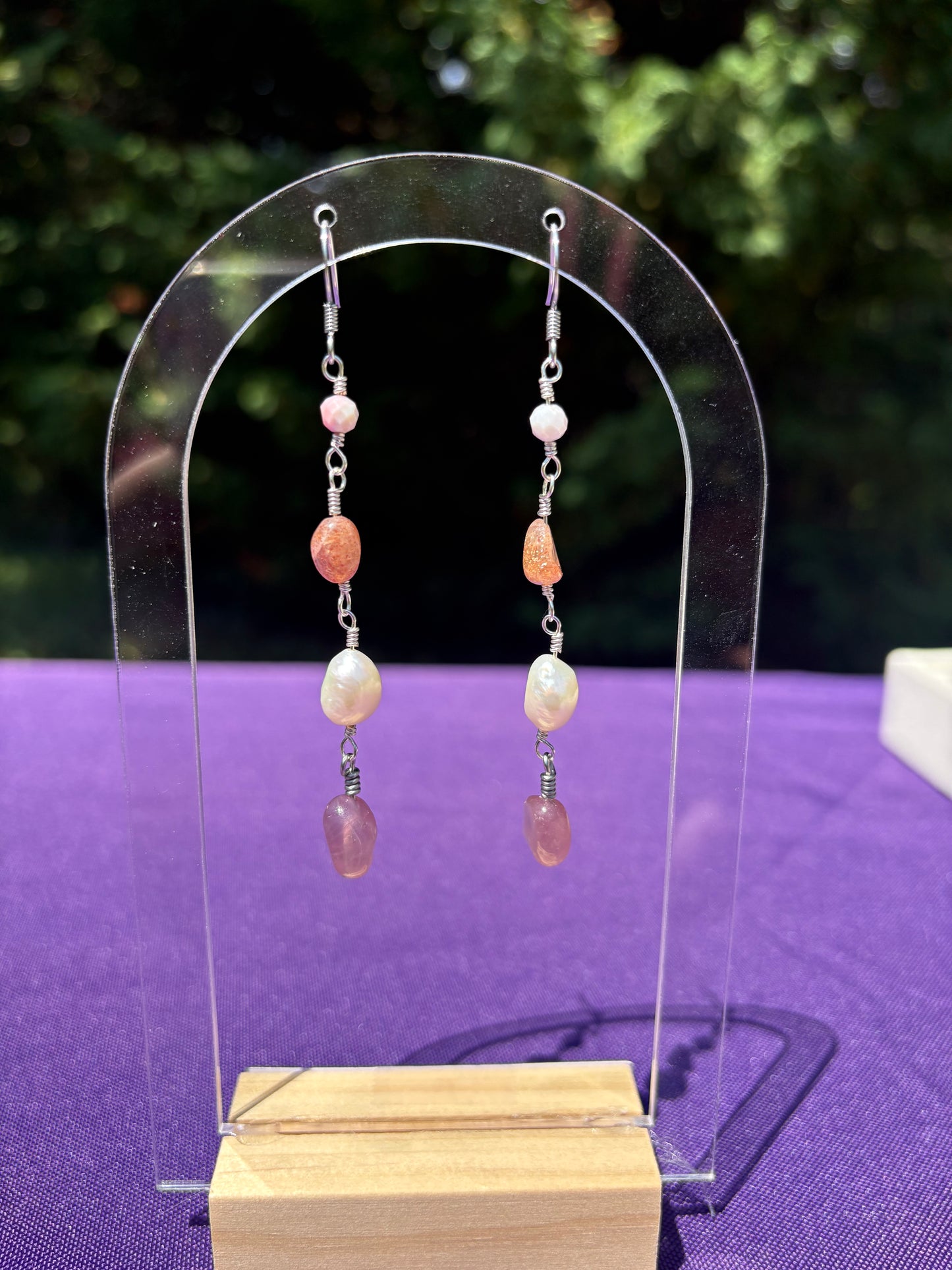 Queen Conch Shell, Sunstone, Freshwater Pearl, and Rose Quartz Earrings