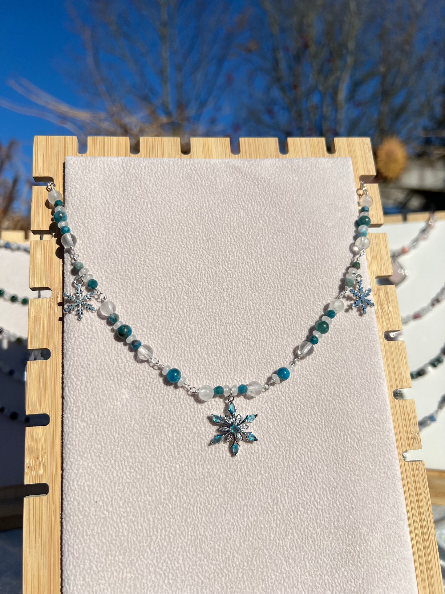 Blue Apatite & Clear Quartz & White Jade festive necklace