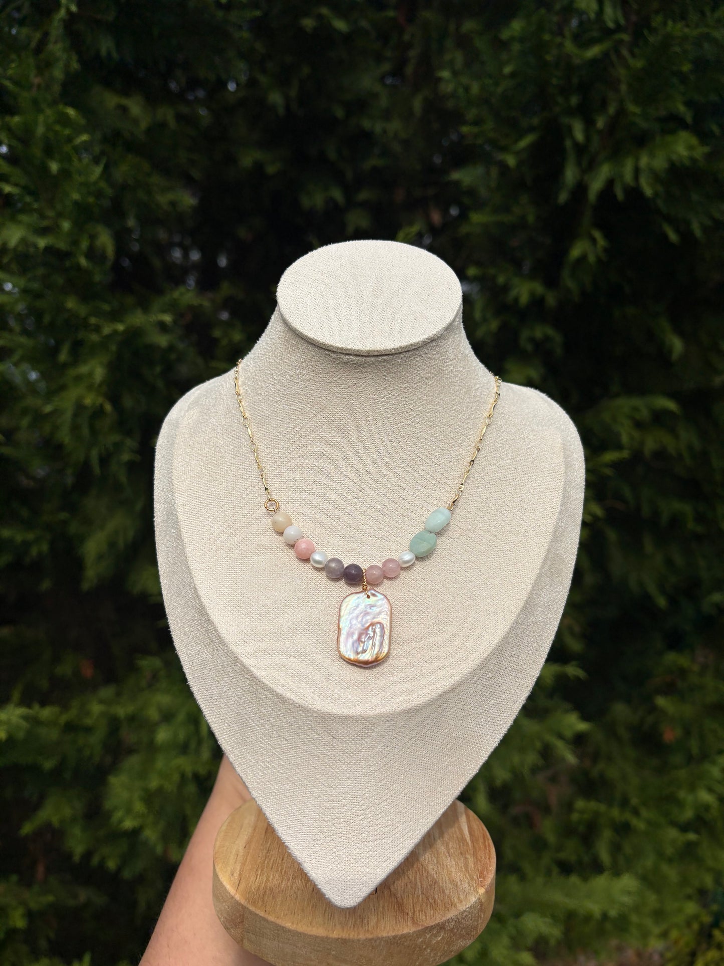 Rose Quartz, Lepidolite, Amazonite, Peruvian Pink Opal, and Natural Pink / Purple Baroque Pearl necklace