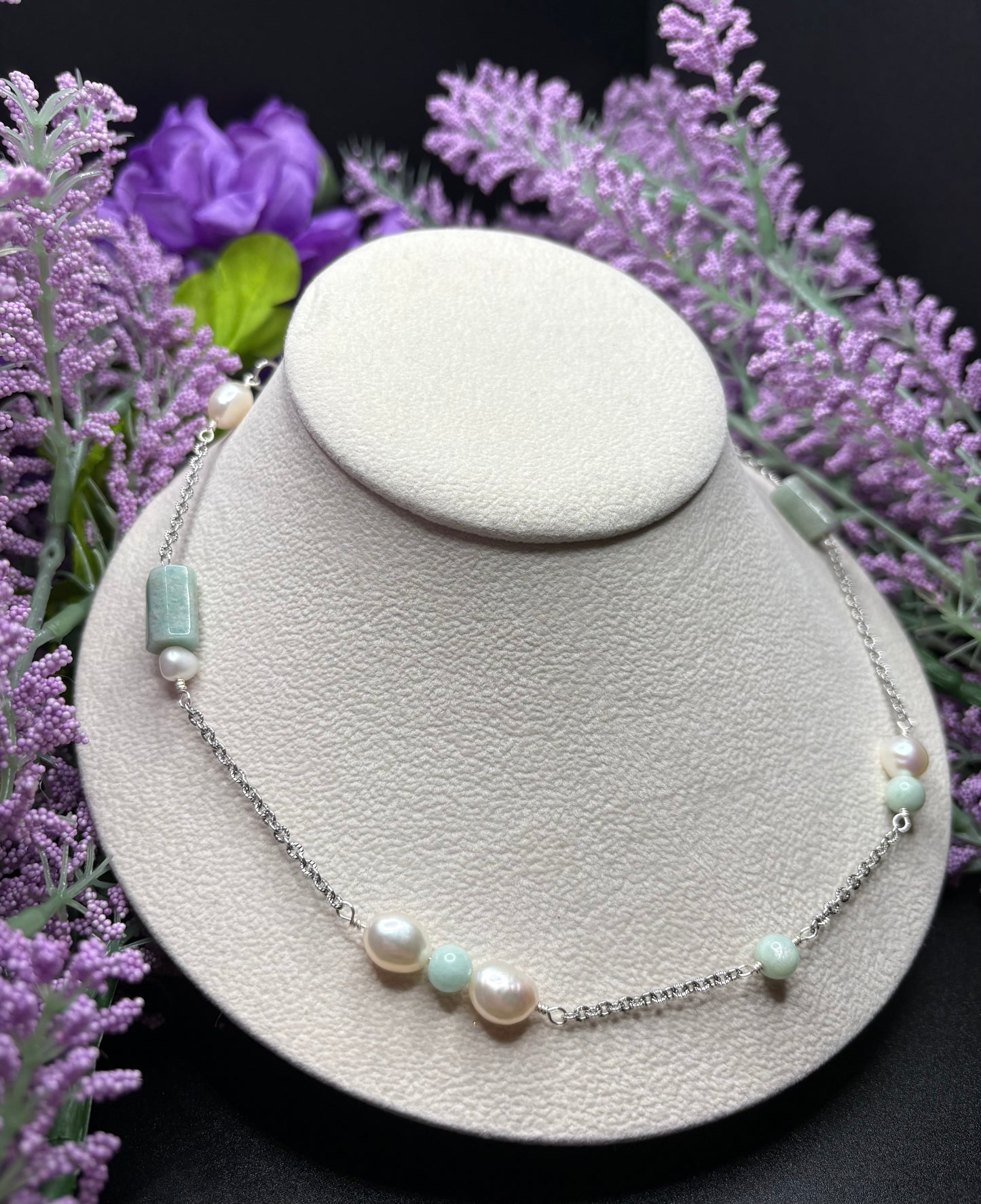 Amazonite & Freshwater Pearl asymmetrical necklace