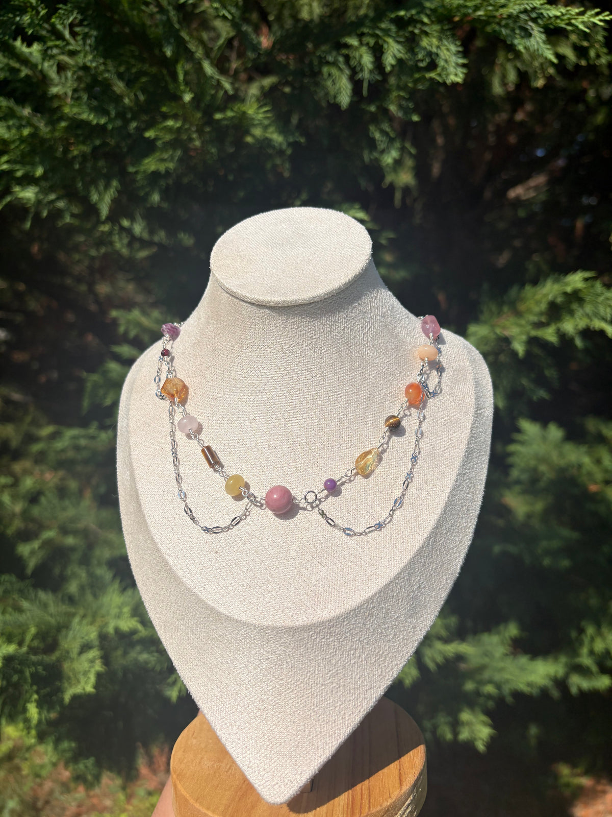 Rose Quartz, Rhodonite, Citrine, Yellow Jade, Carnelian, Lepidolite, Tiger Eye, and Garnet necklace