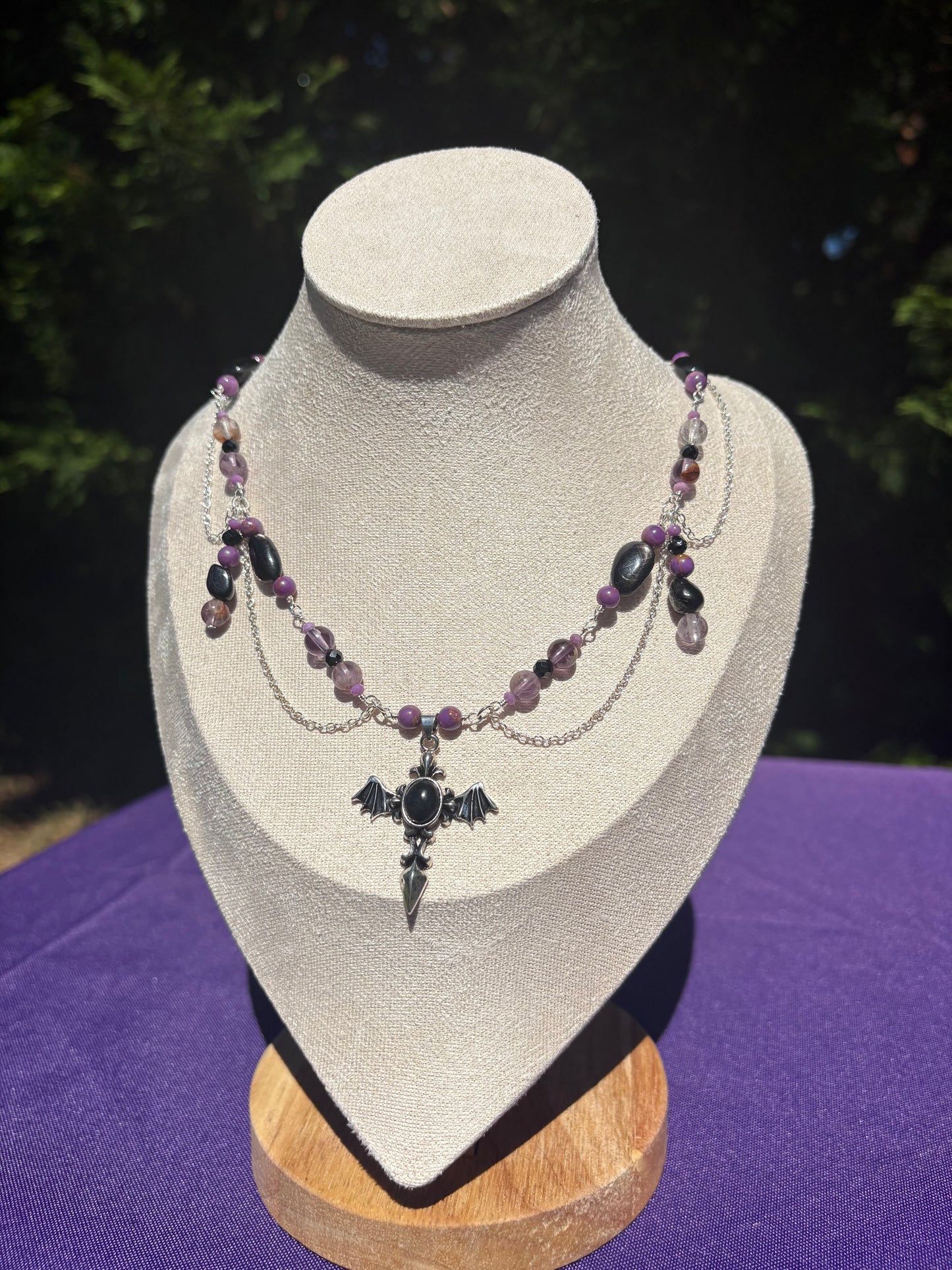 Phosphosiderite, Amethyst Cacoxenite, Hypersthene Bat Spooky Necklace