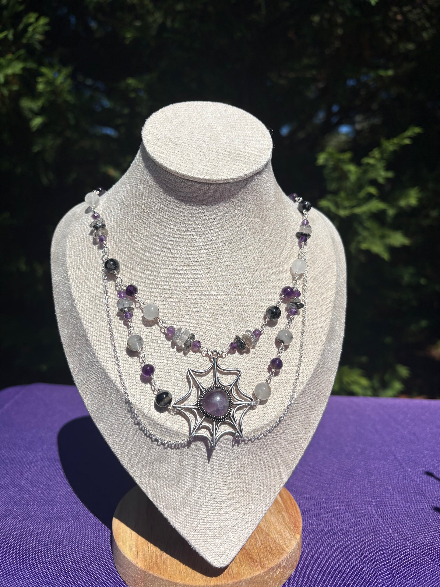 Tourmalated Quartz & Amethyst Web Spooky Necklace