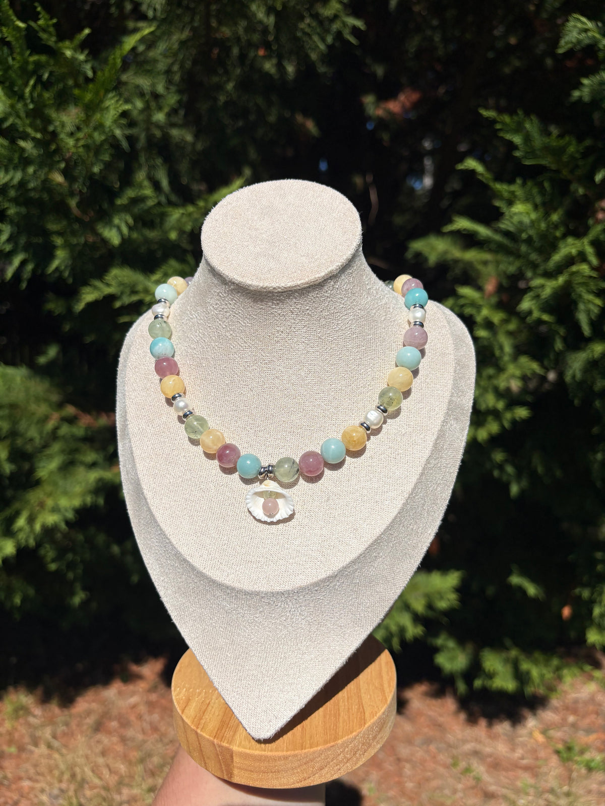 Rose Quartz, Prehnite, Amazonite, Yellow Calcite, and Freshwater Pearl necklace