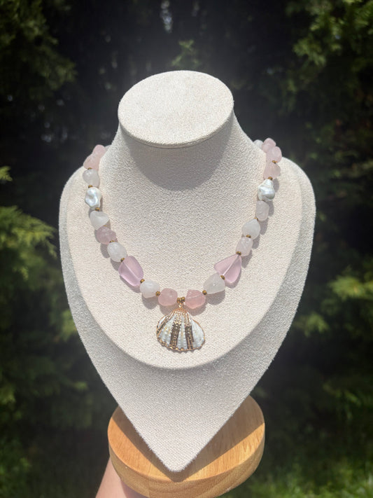Gold Hematite, Rose Quartz, Blossom Sea Glass, Baroque Pearls, Arca Shell