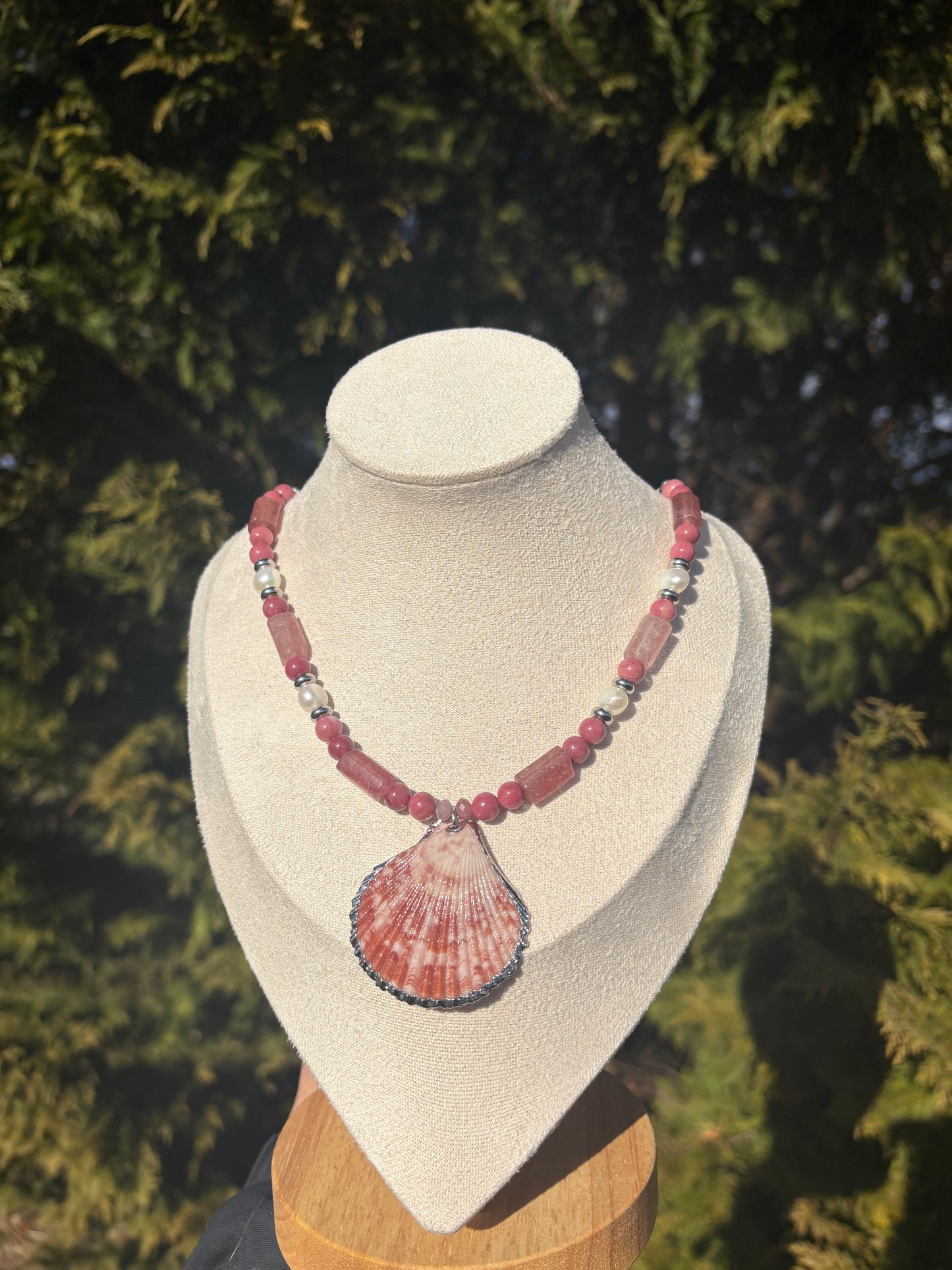 Pink Pectin Shell, Rhodonite, Strawberry Quartz, Freshwater Pearl, Pink Tourmaline Necklace