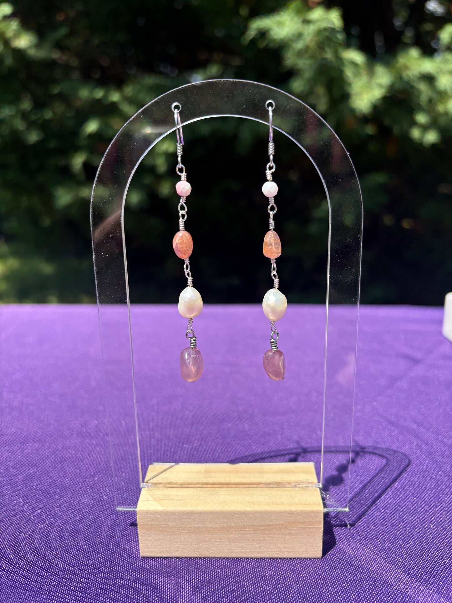Queen Conch Shell, Sunstone, Freshwater Pearl, and Rose Quartz Earrings