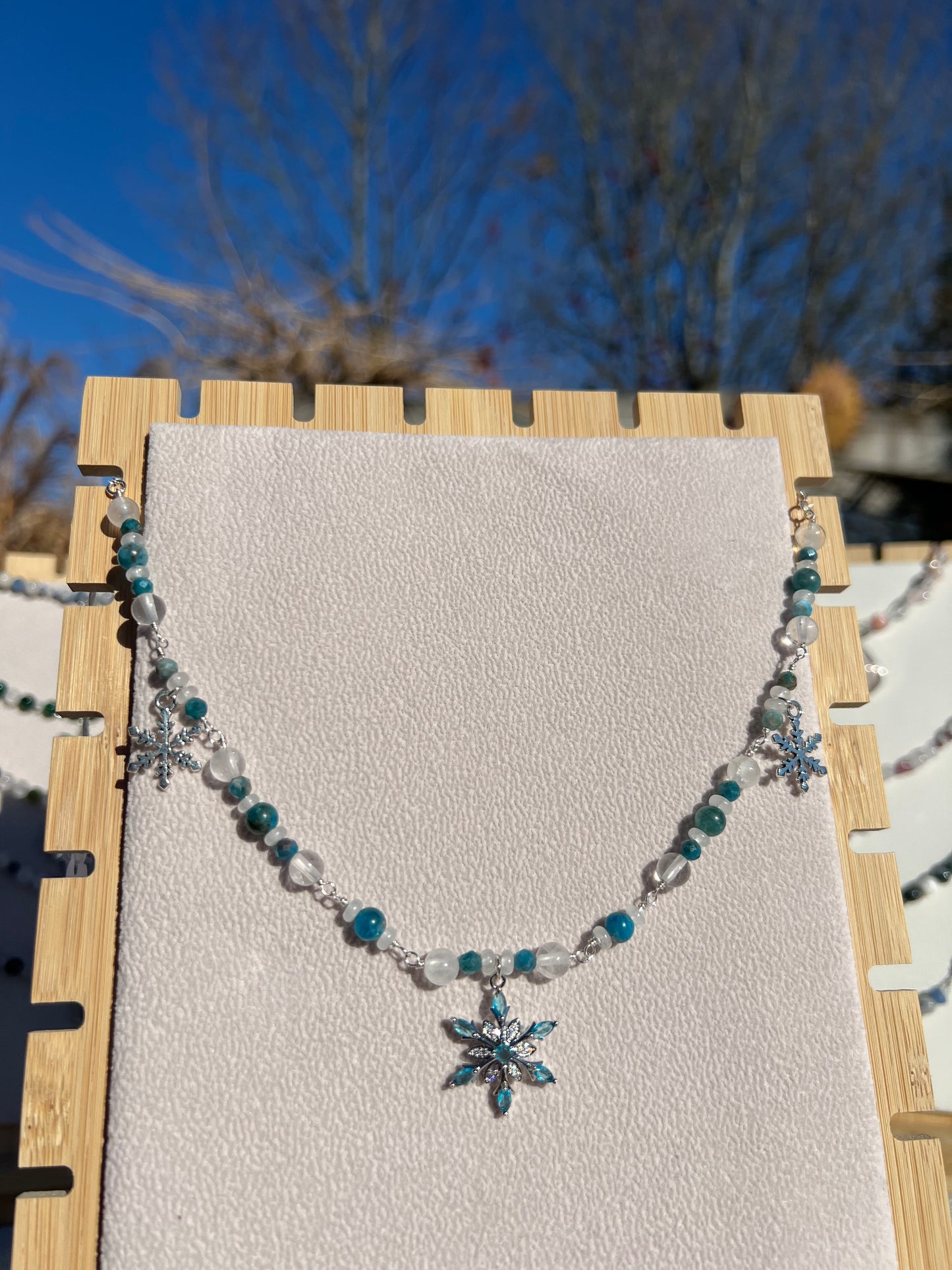 Blue Apatite & Clear Quartz & White Jade festive necklace