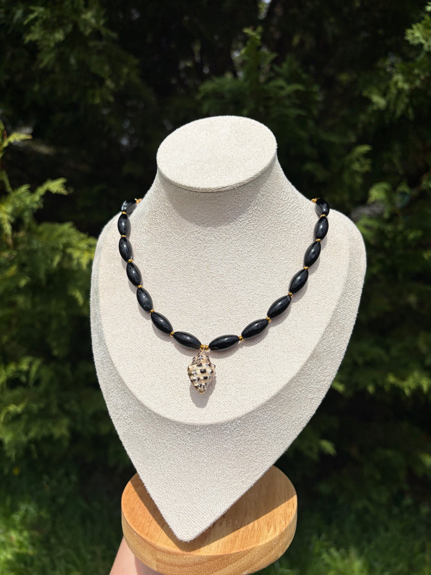Black Sardonyx, Gold Hematite, Nassa Shell Necklace