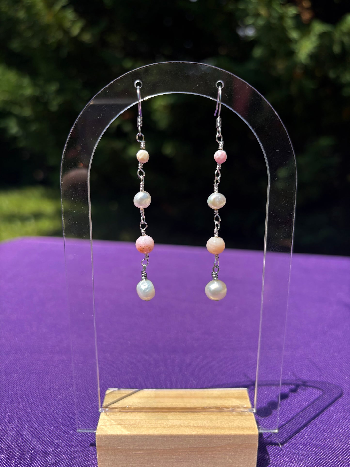 Queen Conch Shell, Freshwater Pearl, and Peruvian Pink Opal earrings