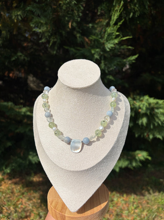 Prehnite, Angelite, Topaz, Freshwater Pearl, and Black Lip Shell necklace