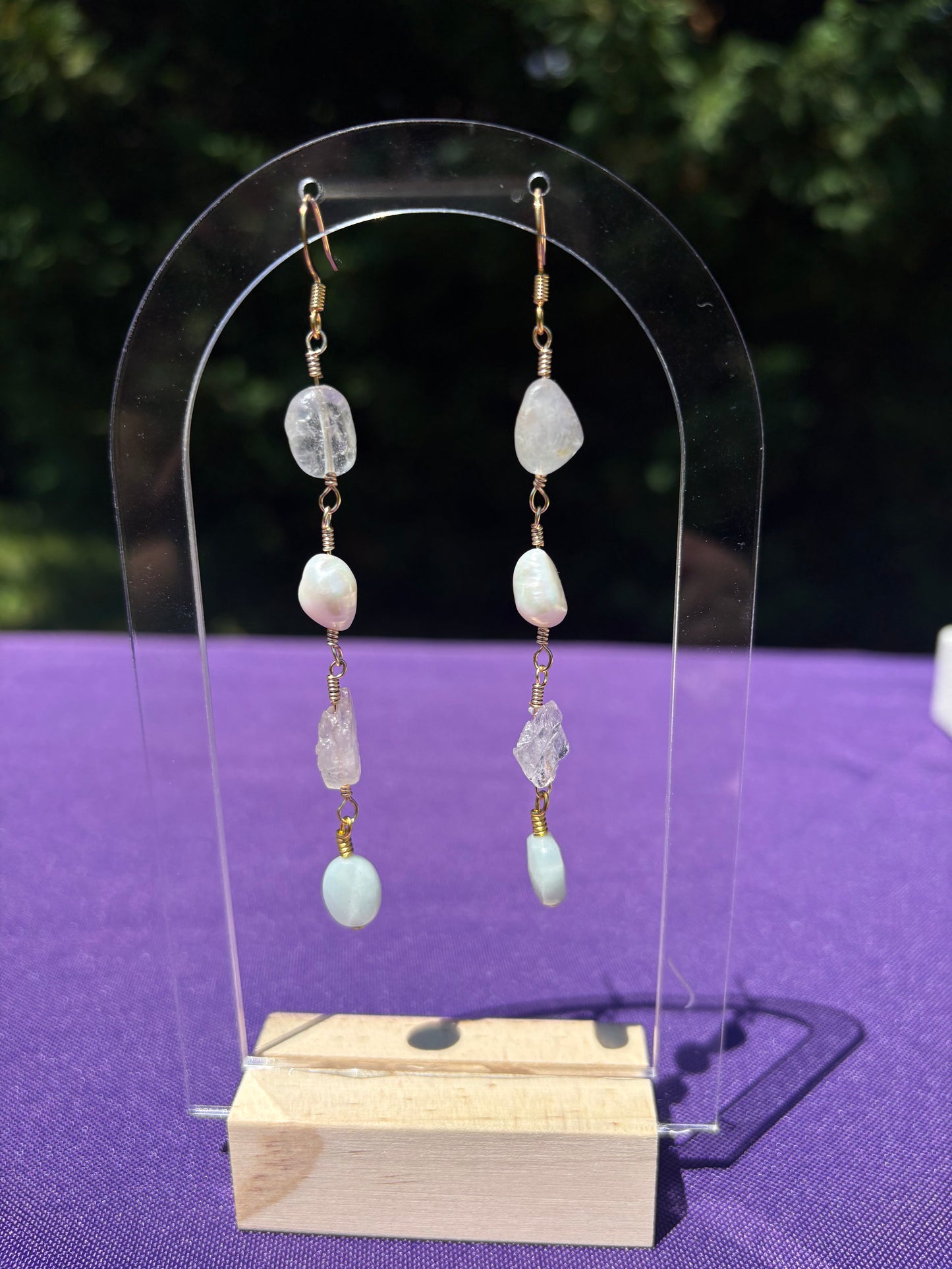 Topaz, Freshwater Pearl, Beryl, Amazonite earrings