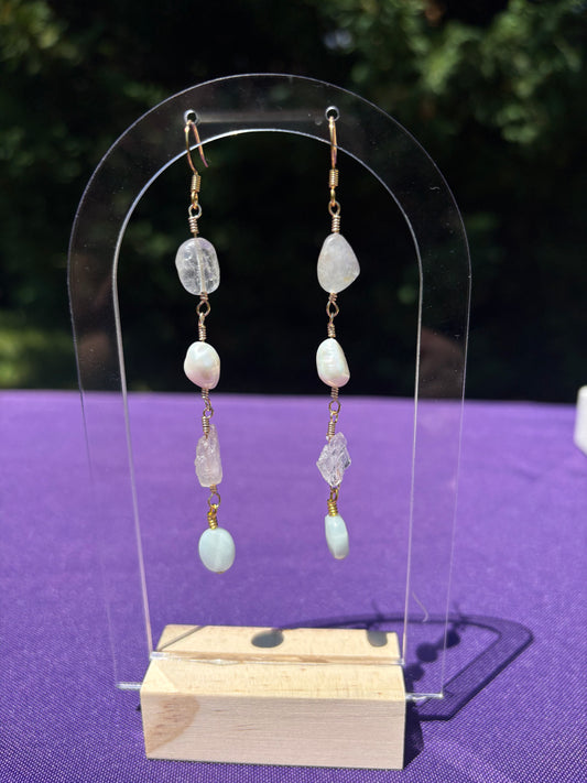 Topaz, Freshwater Pearl, Beryl, Amazonite earrings