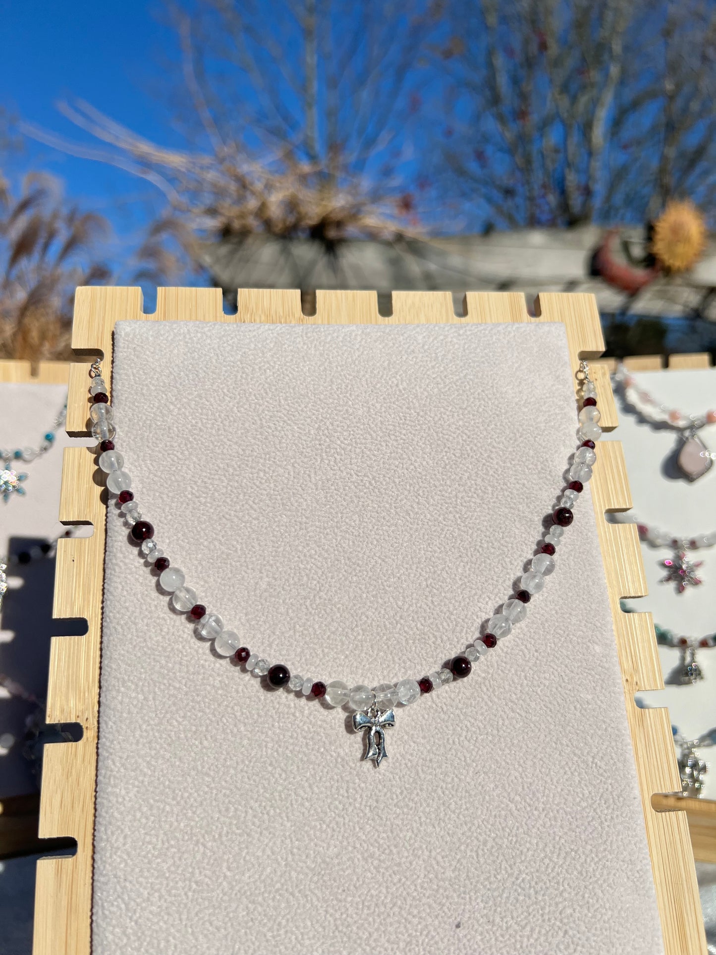 Garnet & Clear Quartz & Topaz & White Jade festive necklace