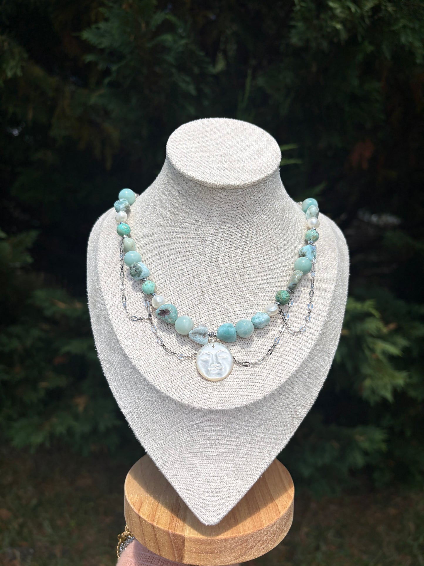 Peruvian Turquoise, Larimar, Amazonite, Freshwater Pearl, Carved Mother of Pearl Moon