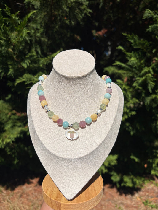 Rose Quartz, Prehnite, Amazonite, Yellow Calcite, and Freshwater Pearl necklace