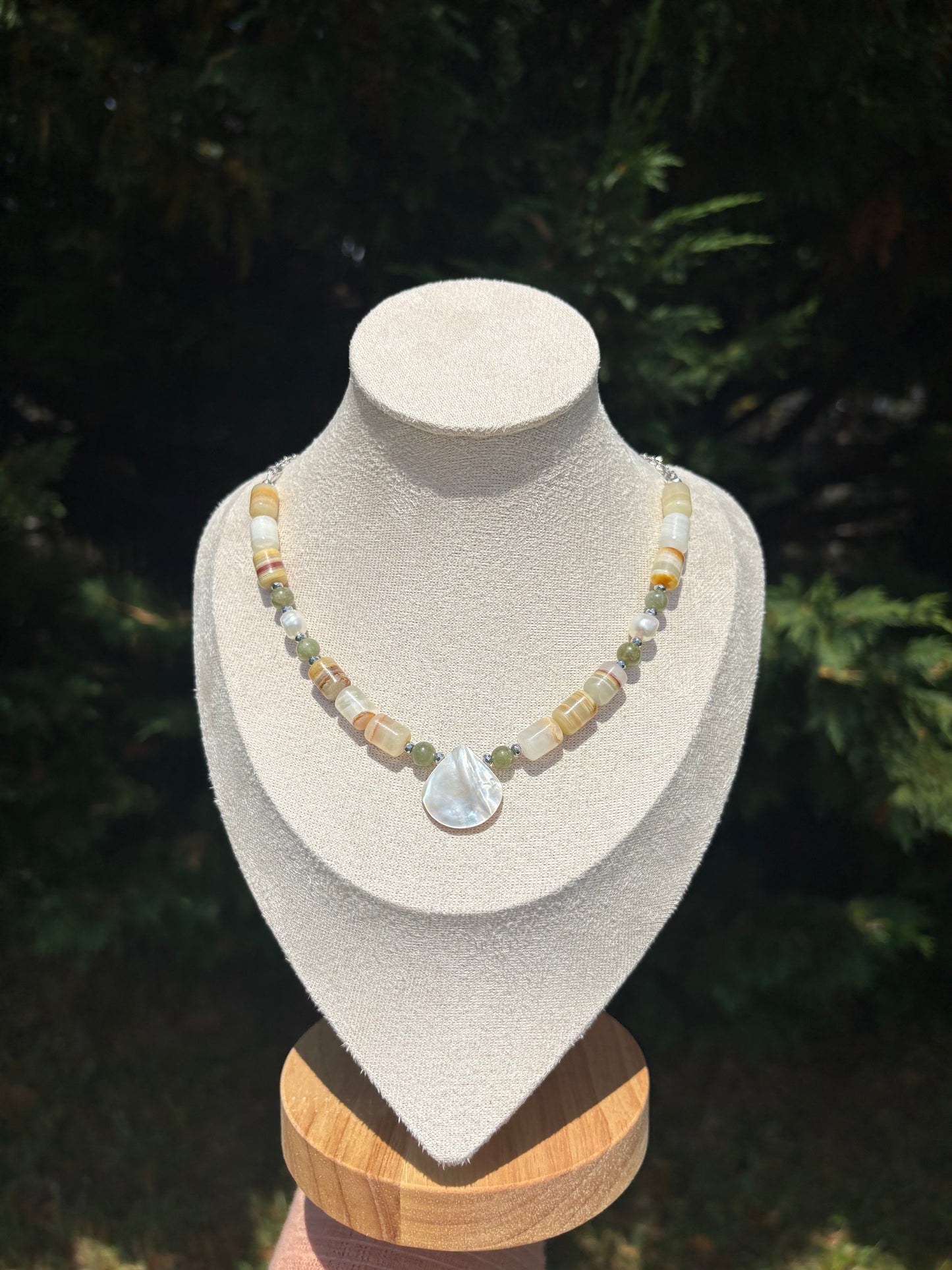 Green Onyx, Green Apatite, Freshwater Pearl, Silver Hematite, and Mother of Pearl necklace